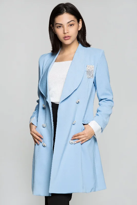 Sky Blue Double Breasted Diamond Encrusted Blazer Dress