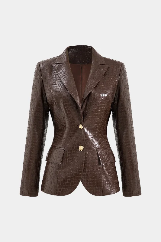 Faux Leather Metallic Button Notched Lapel Blazer