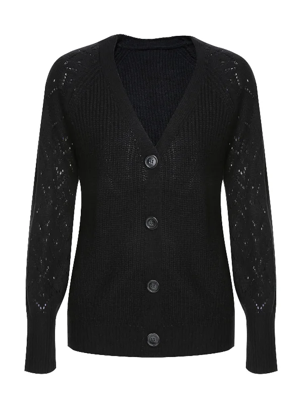 Black 1940s V-Neck Knitted Button Sweater