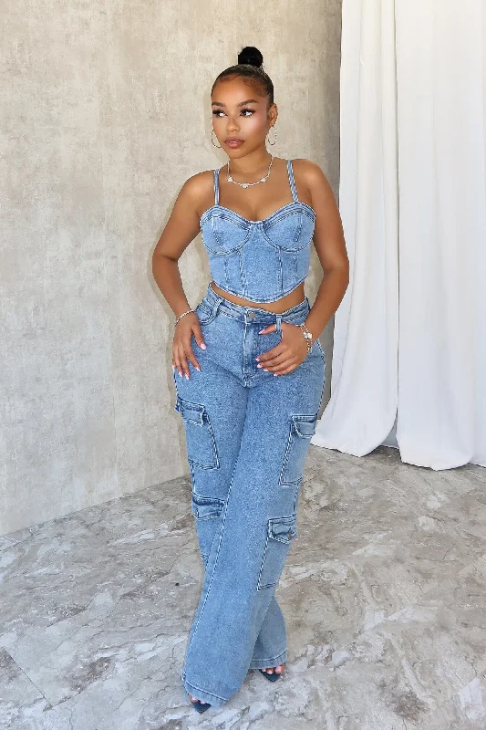 Replace You Denim Bustier Top & Pants SET