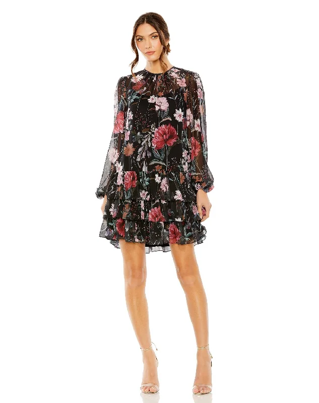 Mac Duggal 55075 Short Floral Print Long Sleeve Cocktail Dress