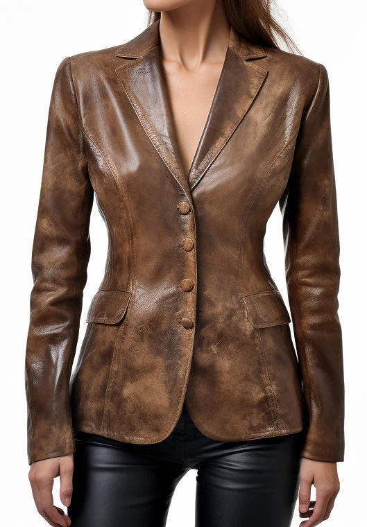 Women Alessia Brown Distressed Leather Blazer