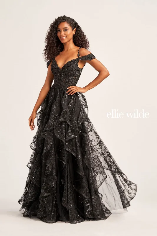 Ellie Wilde EW35218 Long Formal Detachable Sleeve Beaded Prom Dress