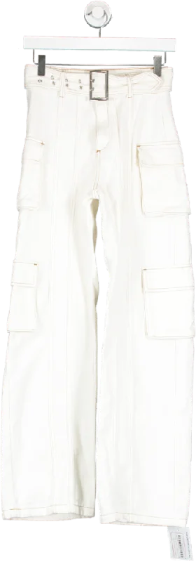 PrettyLittleThing Cream Sand Pocket Detail Belted Jeans UK 4