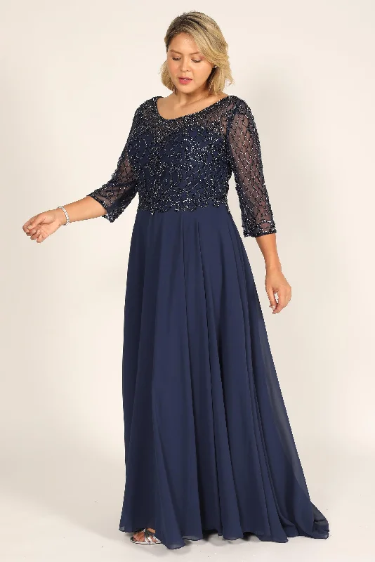 Long Sleeve Hand Beaded Mother of The Bride Dress Navy