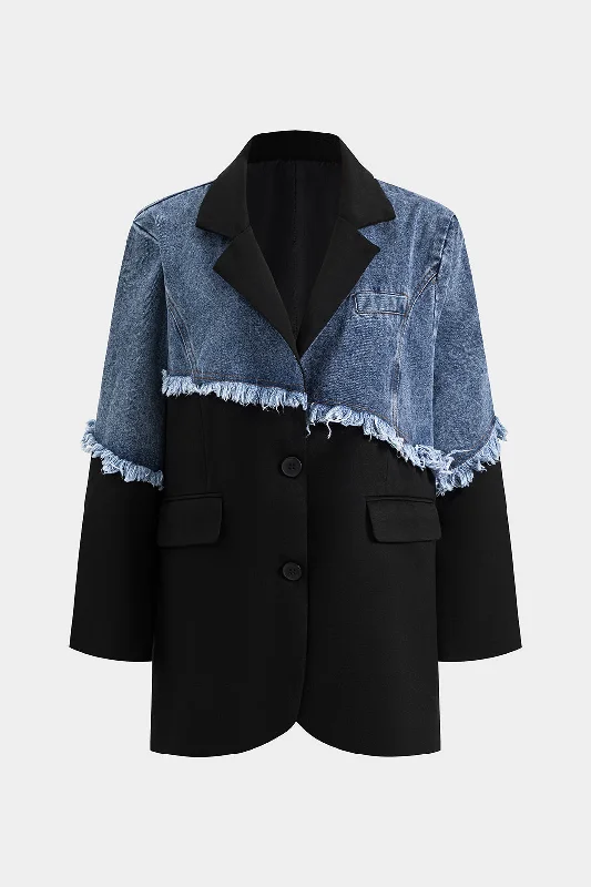 Denim Button Patchwork Long Sleeve Blazer