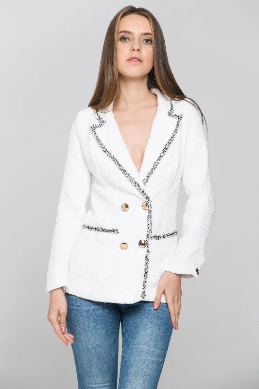 White Tweed Frilled Trim Blazer