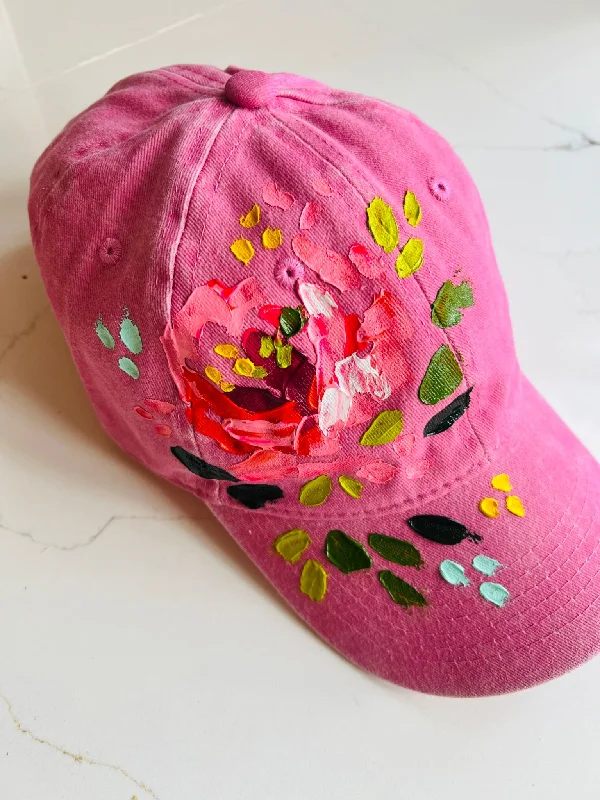 Hand-Painted Pink Rose Ball Cap