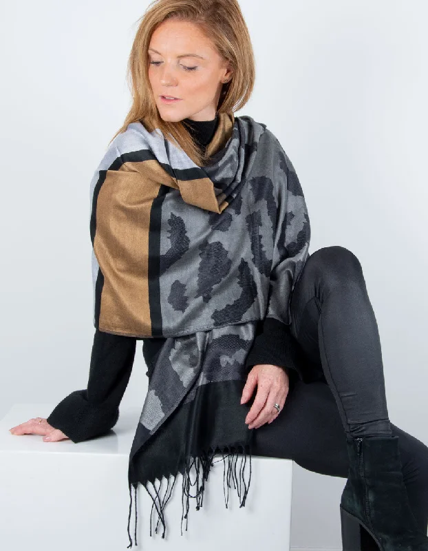 Large Animal Print Pashmina Black, Grey & Bronze