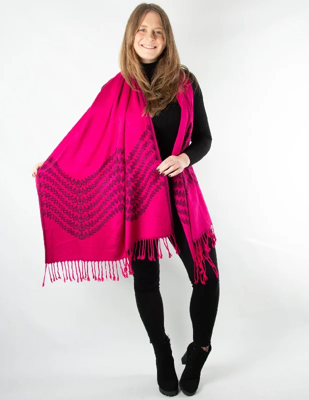 Peacock Print Edge Pattern Pashmina Hot Pink