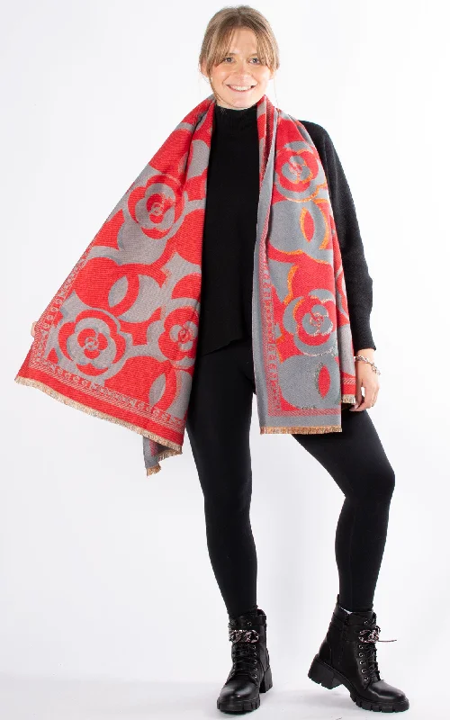 Winter Scarf | Flower Print | Grey & Red