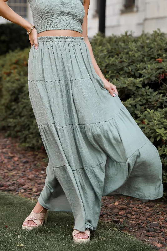 Goddess Vibes Light Olive Tiered Maxi Skirt - DU DEAL