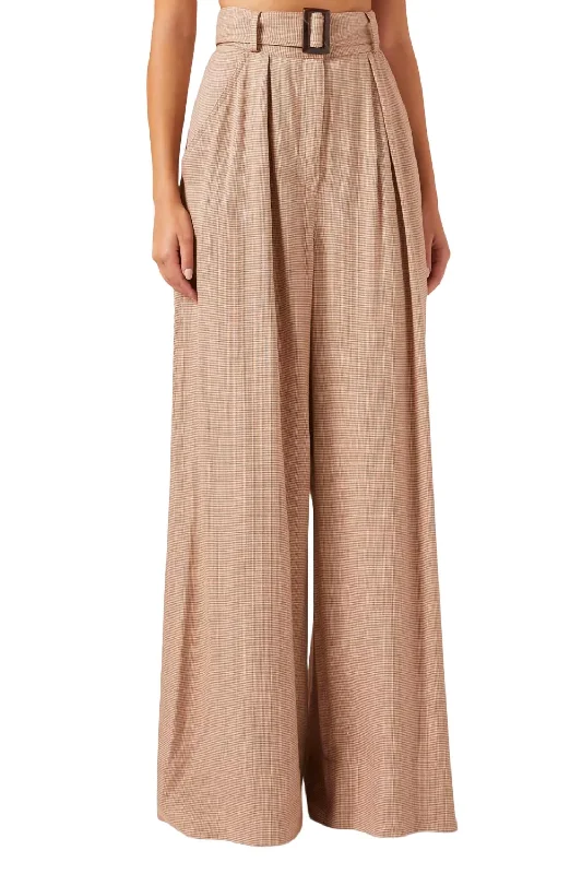 Wide Leg Pleated Pants In Rust Houndstooth