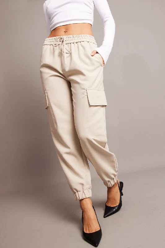 Beige Slim Pants Elasticated Hem