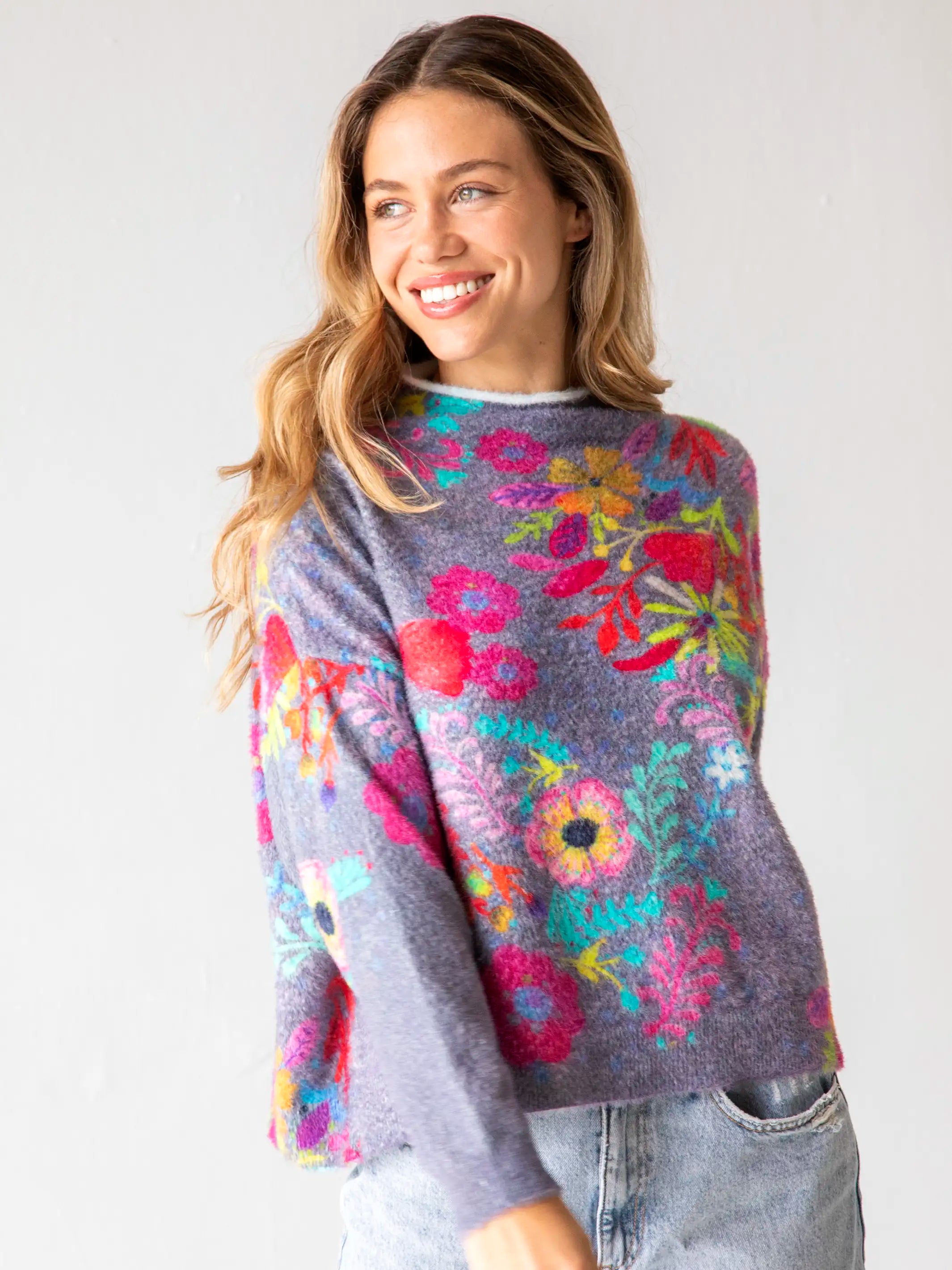 Cashmere-Like Mock Neck Sweater - Charcoal Pink Poppy