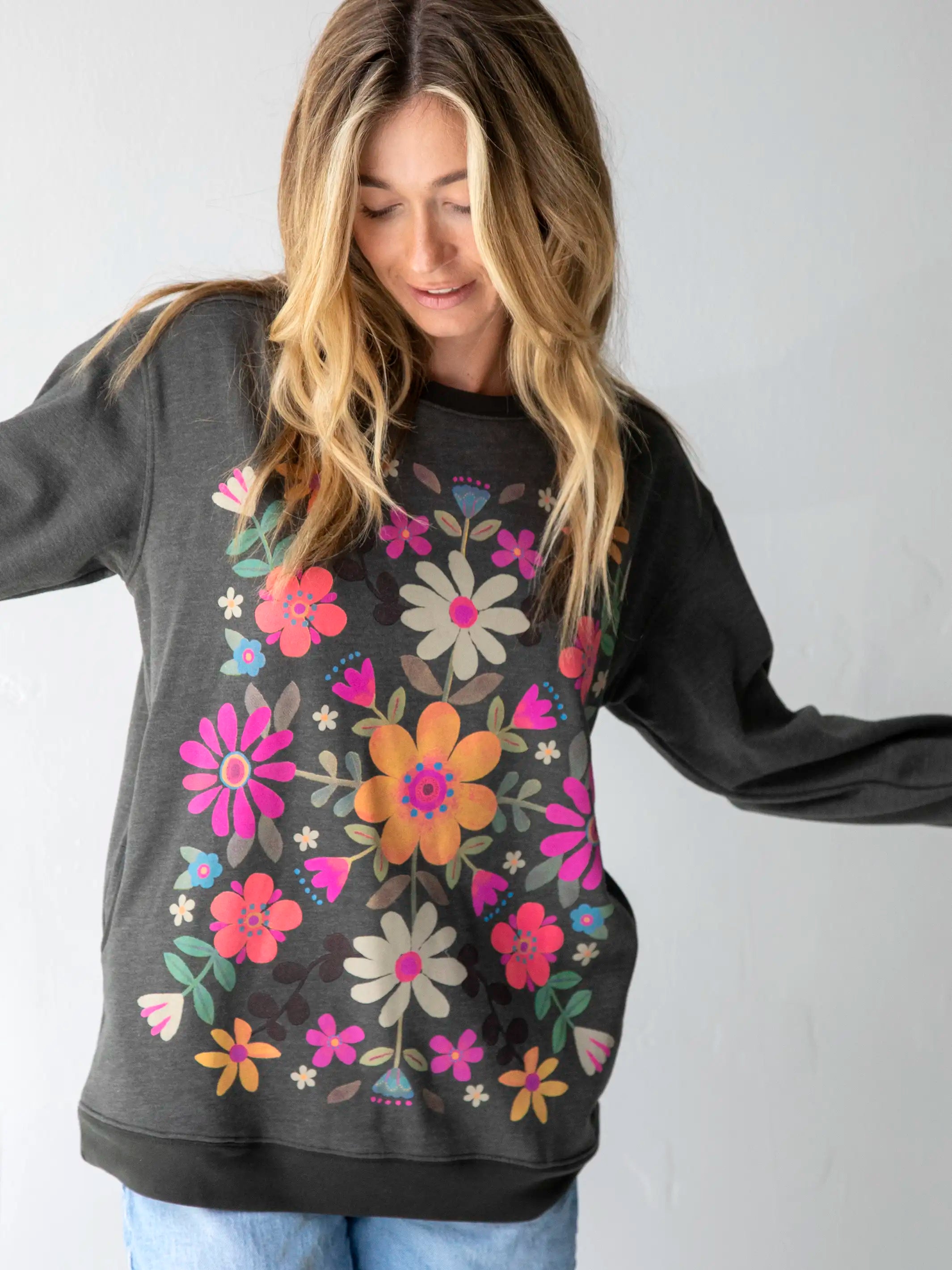 Comfy Pocket Sweatshirt - Folk Flowers Charcoal