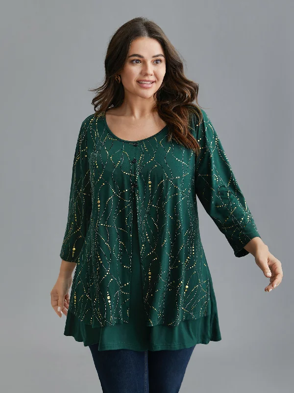 Glitter Irregular Hem Button Knit Shirt