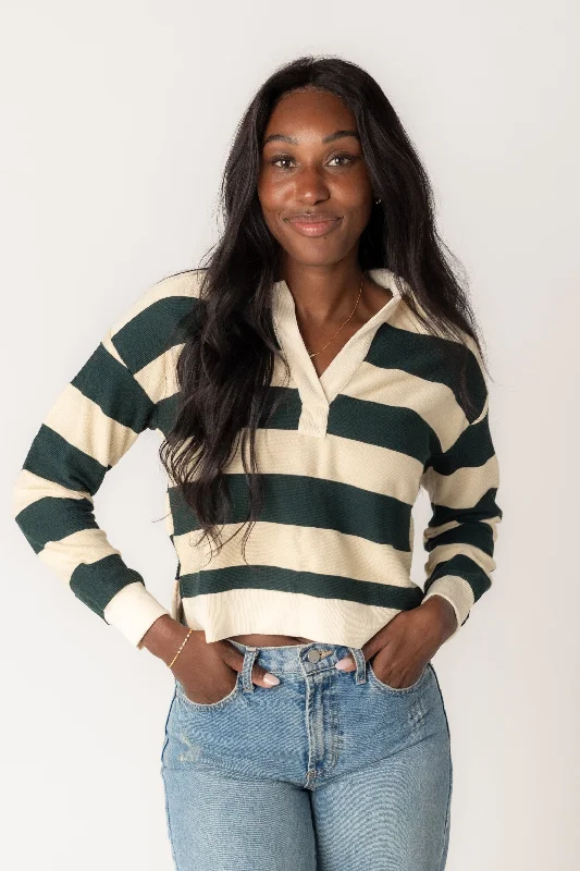 Mari Wide Stripe Collared Knit Top