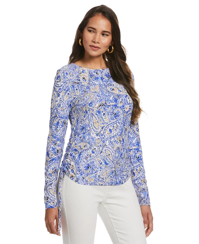 Petite Seaside Paisley Print Knit Side Ruched Top