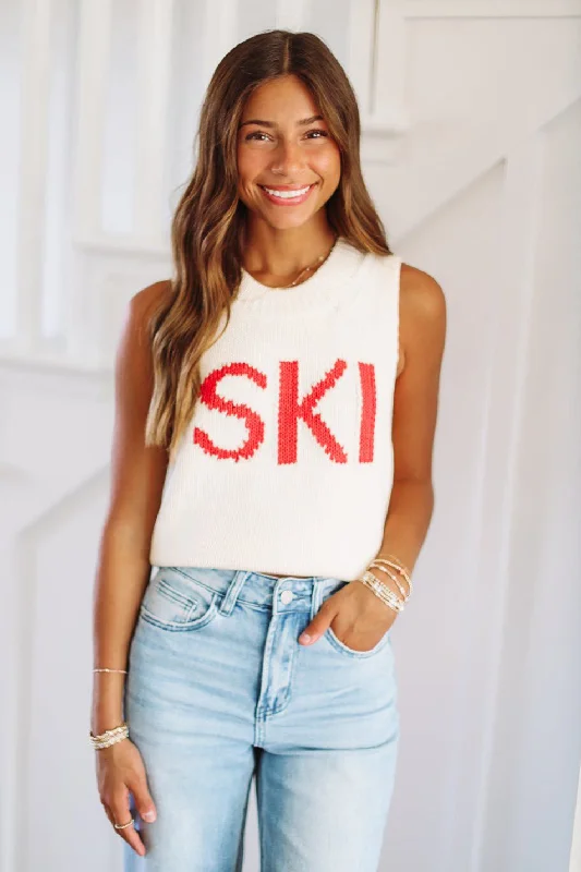 Ski Chunky Cropped Sweater - Cream and Red