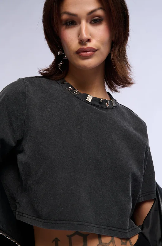 SIMPLE AND CUTE EMBELLISHED NECKLINE SHIRT IN DARK GREY